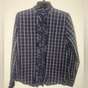 Chaps Womens Navy and Green Plaid Check Button Down Preppy Shirt w/Ruffle trim L